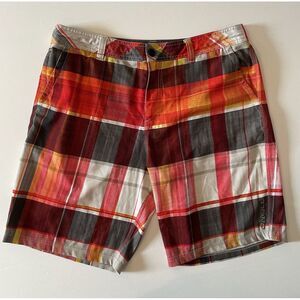 O'Neill Hybrid Red Orange Black‎ Plaid Board Shorts Swim Trunks 36 Zip Pocket